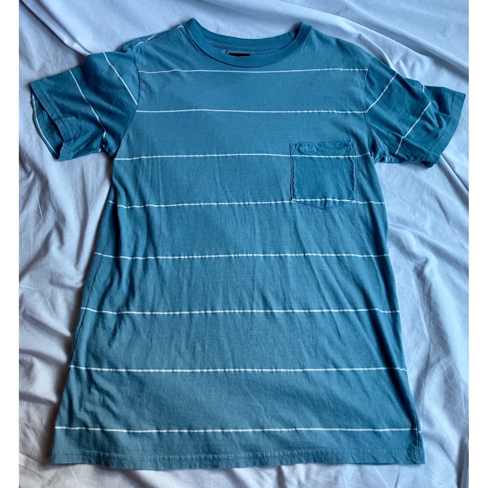 RVCA Mens Striped Graphic Tee T-Shirt Pocket Casual Blue White Slim Fit